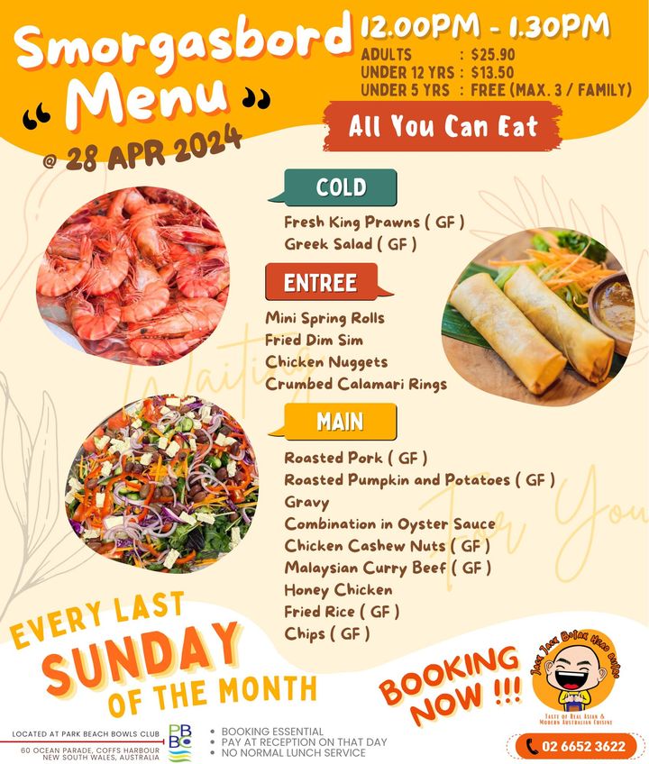 Featured image for “Don’t forget this Sunday is our monthly smorgasbord from 12.00pm to 1.30pm. Call us on 66523622 follow prompts to JACK JACK BOTAK HEAD Bistro”