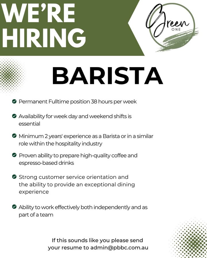 Featured image for “We’re Hiring a Barista at Park Beach Bowls Club”